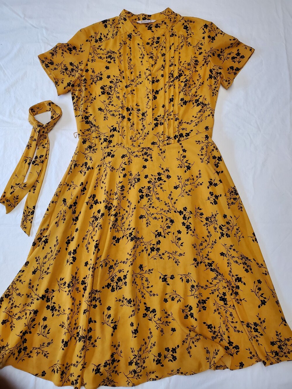 Nanette Lepore Mustard Yellow Floral Midi Dress Sz 6 Pintuck Waist Tie Belt